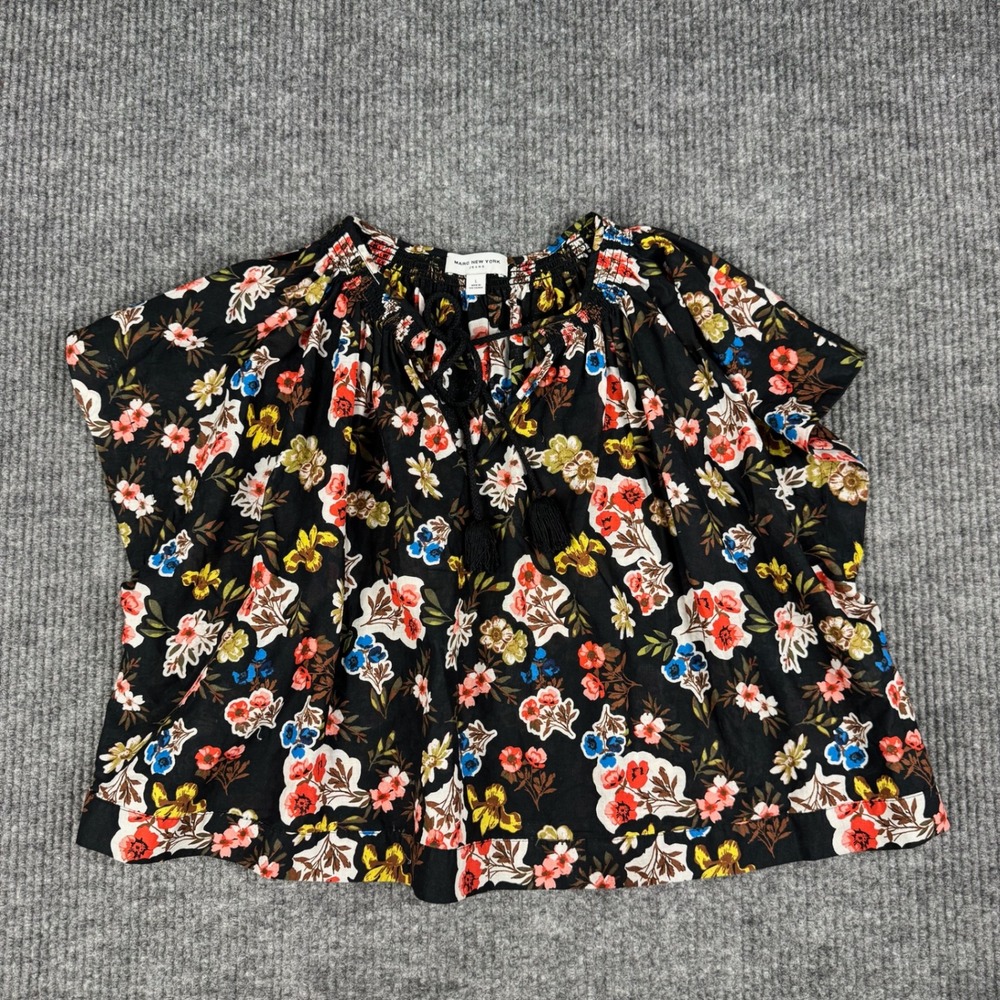Marc New York Jeans Blouse Womens L Black Floral Peasant Tassel Tie Boho Boxy